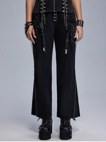 Gothic Hook and Eye Lace-up Zippered Chain Embellish Straight Pants