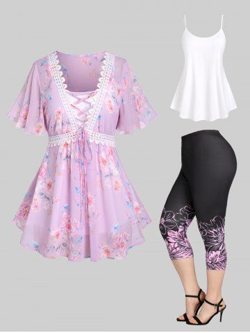 Camisole and Guipure Lace Panel Lace-up Chiffon Blouse Set and Leggings Plus Size Summer Outfit - LIGHT PINK
