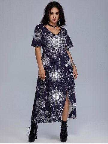 Gothic Geometric Figure Dandelion Leaves Print Split Dress - BLACK - 4X | US 26-28
