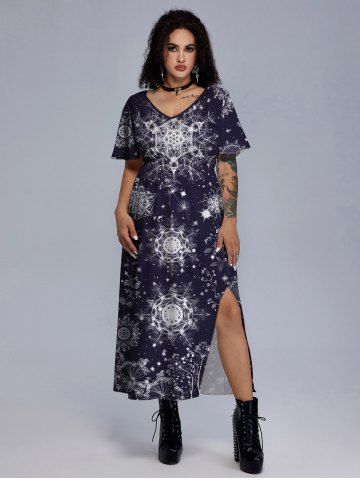 Gothic Geometric Figure Dandelion Leaves Print Split Dress