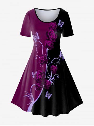Plus Size Butterfly Flower Colorblock Print Dress