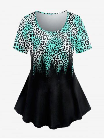 Plus Size Colorblock Leopard Print Short Sleeve T-shirt - GREEN - S | US 8
