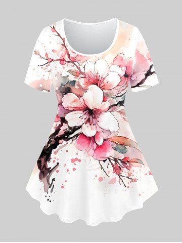 Plus Size Peach Blossom Leaves Print Short Sleeve T-shirt