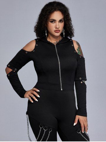 Gothic Grommets Cutout Cold Shoulder Zip Up Hoodie