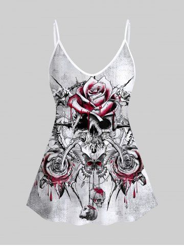 Gothic Blood Flower Butterfly Skull Print Cami Top (Adjustable Shoulder Strap) - WHITE - XS | US 6
