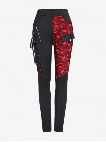 Gothic Colorblock Mesh Overlay Lace-up Zippered Skinny Pants