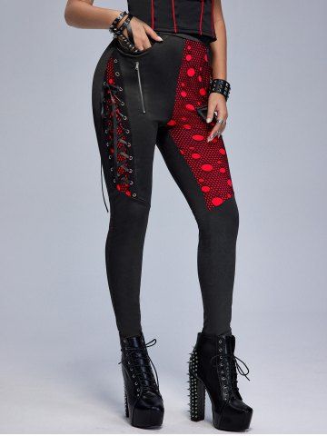 Gothic Colorblock Mesh Overlay Lace-up Zippered Skinny Pants
