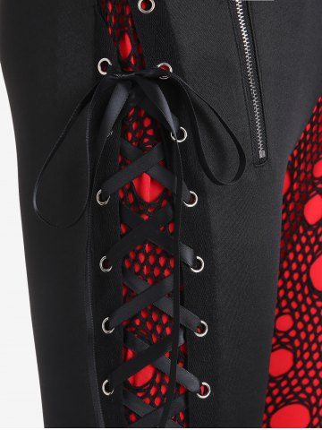 Gothic Colorblock Mesh Overlay Lace-up Zippered Skinny Pants