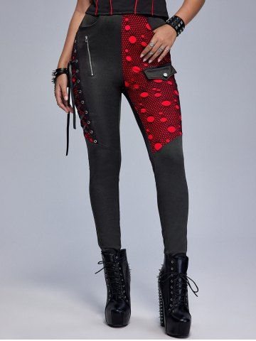 Gothic Colorblock Mesh Overlay Lace-up Zippered Skinny Pants - RED - 1X | US 14-16