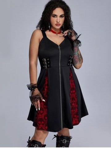 Plus Size Skull Mesh Lace Patchwork Full Zipper Straps Grommet Buckle A Line Tank Dress - BLACK - 3X | US 22-24