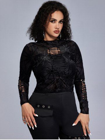 Gothic Flocking Spider Web Ripped Cutout Top - BLACK - L | US 12
