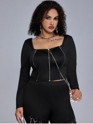 Gothic Square Collar Zip Rings Top - BLACK - 1X | US 14-16