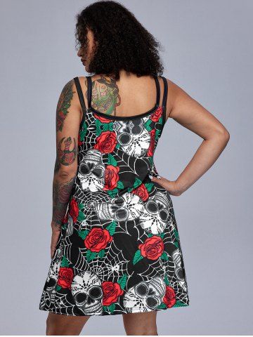Plus Size & Curve Gothic Crisscross Skull Rose Print Sundress