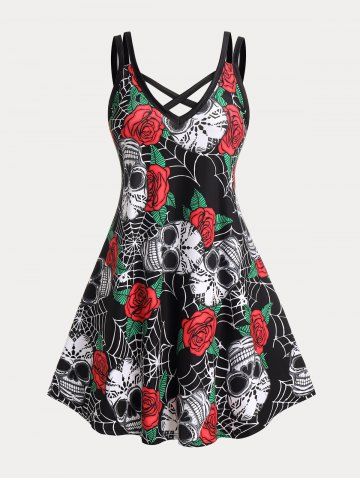 Plus Size & Curve Gothic Crisscross Skull Rose Print Sundress