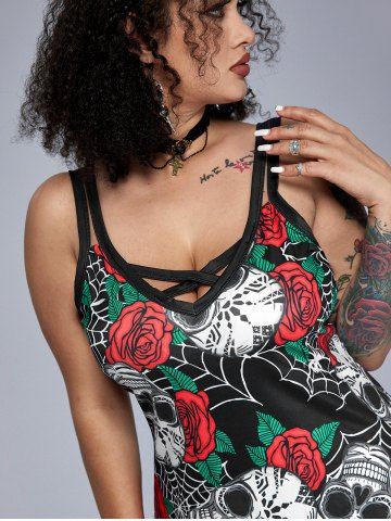 Plus Size & Curve Gothic Crisscross Skull Rose Print Sundress