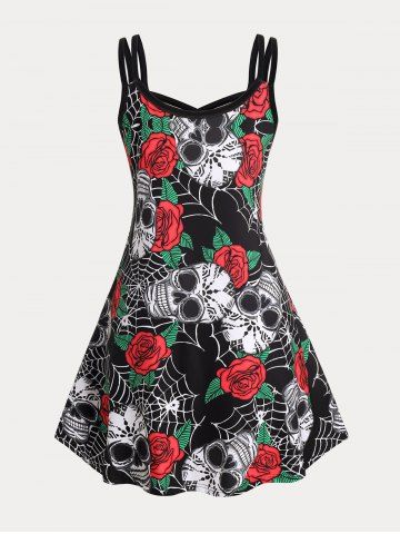 Plus Size & Curve Gothic Crisscross Skull Rose Print Sundress