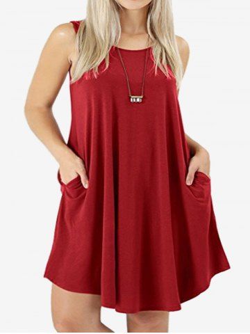 Plus Size Slant Pockets Shift Tank Dress - RED - L