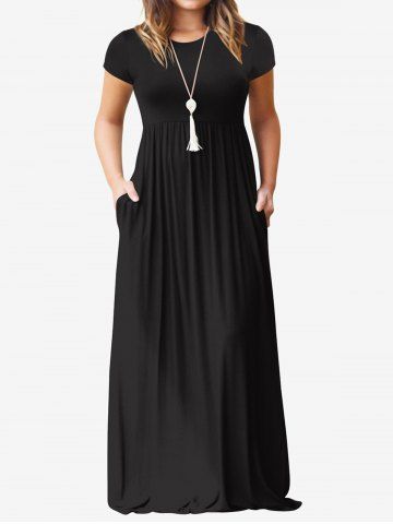 Plus Size Slant Pockets Maxi Tee Dress - BLACK - XL