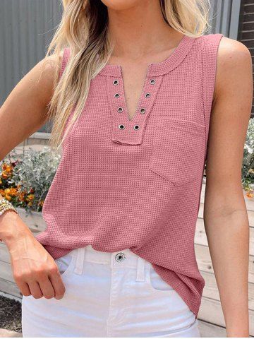 Solid Color Notched Pocket Patch Textured Casual Tank Top - LIGHT PINK - XL