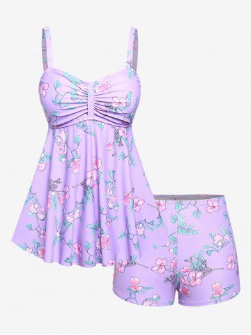 Maillot de bain tankini grande taille à imprimé floral et feuilles froncées, jambes courtes. - LIGHT PURPLE - 2X | US 18-20
