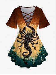 T-shirt Gothique Croisé Scorpion Imprimé en Blocs de Couleurs à Manches Courtes - Rouge L