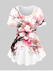 Plus Size Peach Blossom Leaves Print Short Sleeve T-shirt -  