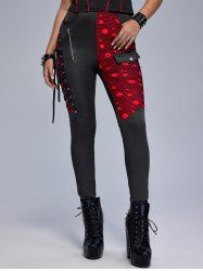 Pantalon Moulant Zippé Gothique Superposé en Blocs de Couleurs en Maille à Lacets - Rouge 4X | US 26-28