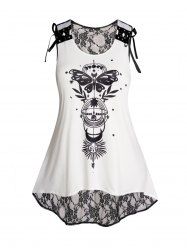 Plus Size Lace Up Butterfly Sun Moon Leaf Planet Print Lace Panel High Low Hem Tank Top -  
