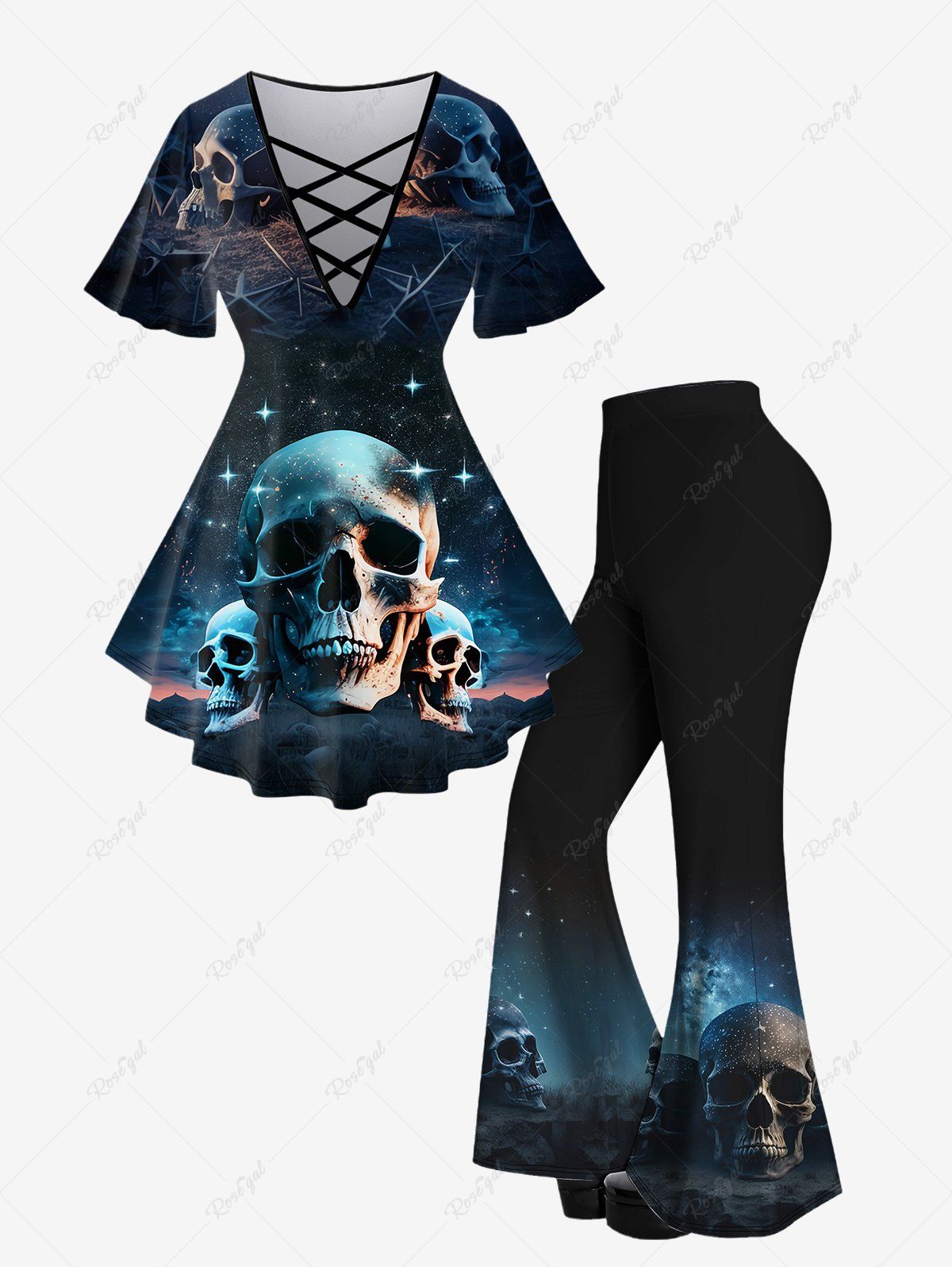 Discount Gothic Skulls Glitter Printed Crisscross Short Sleeve T-Shirt and Flare Pants Outfit  