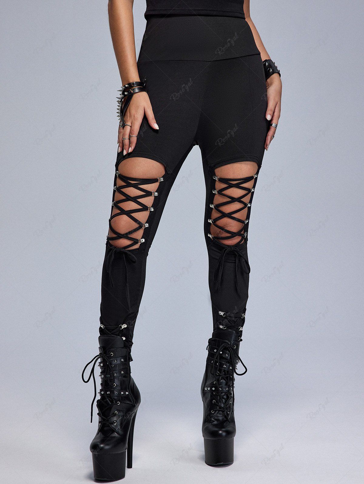 Fashion Gothic Lace-up Cutout Buckle Skinny Pants  