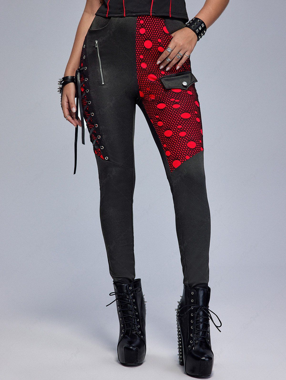 Store Gothic Colorblock Mesh Overlay Lace-up Zippered Skinny Pants  