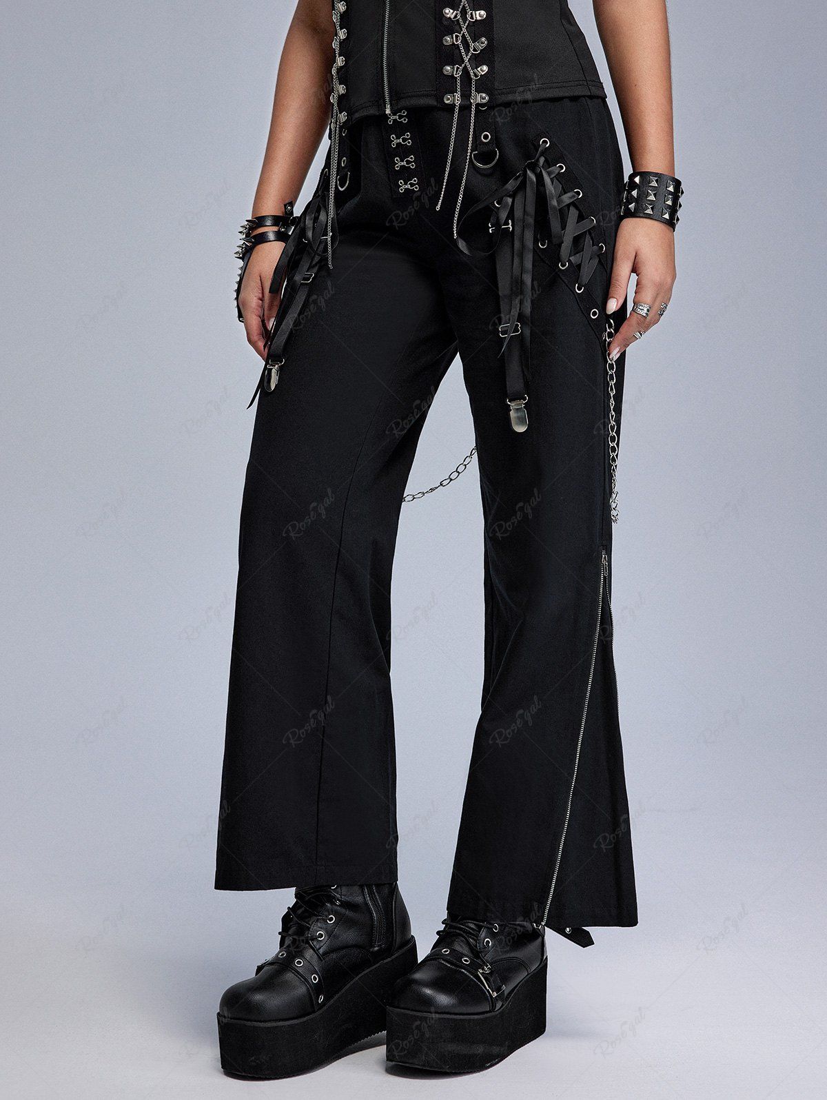 Shops Gothic Hook and Eye Lace-up Zippered Chain Embellish Straight Pants  