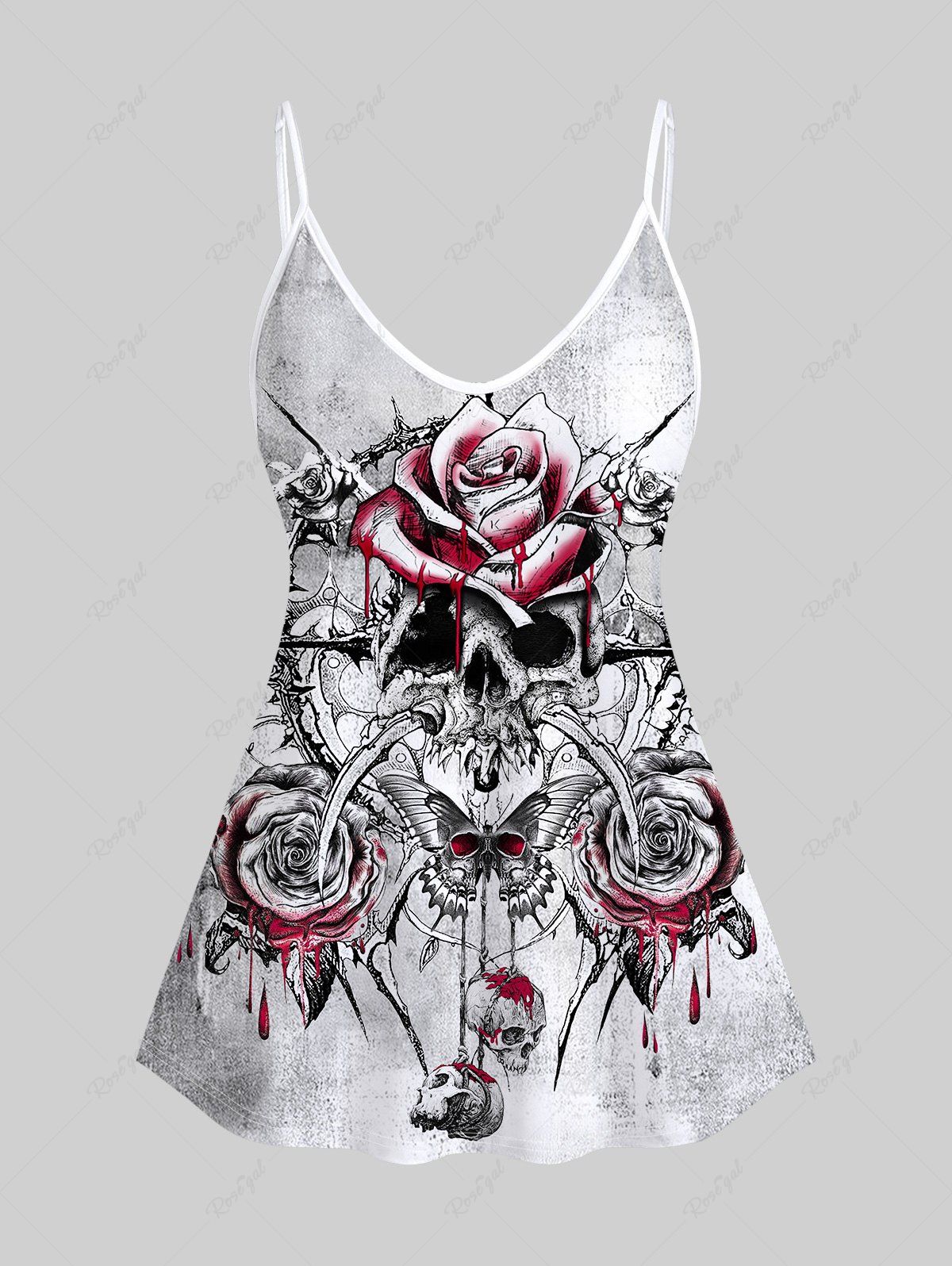 Outfits Gothic Blood Flower Butterfly Skull Print Cami Top (Adjustable Shoulder Strap)  