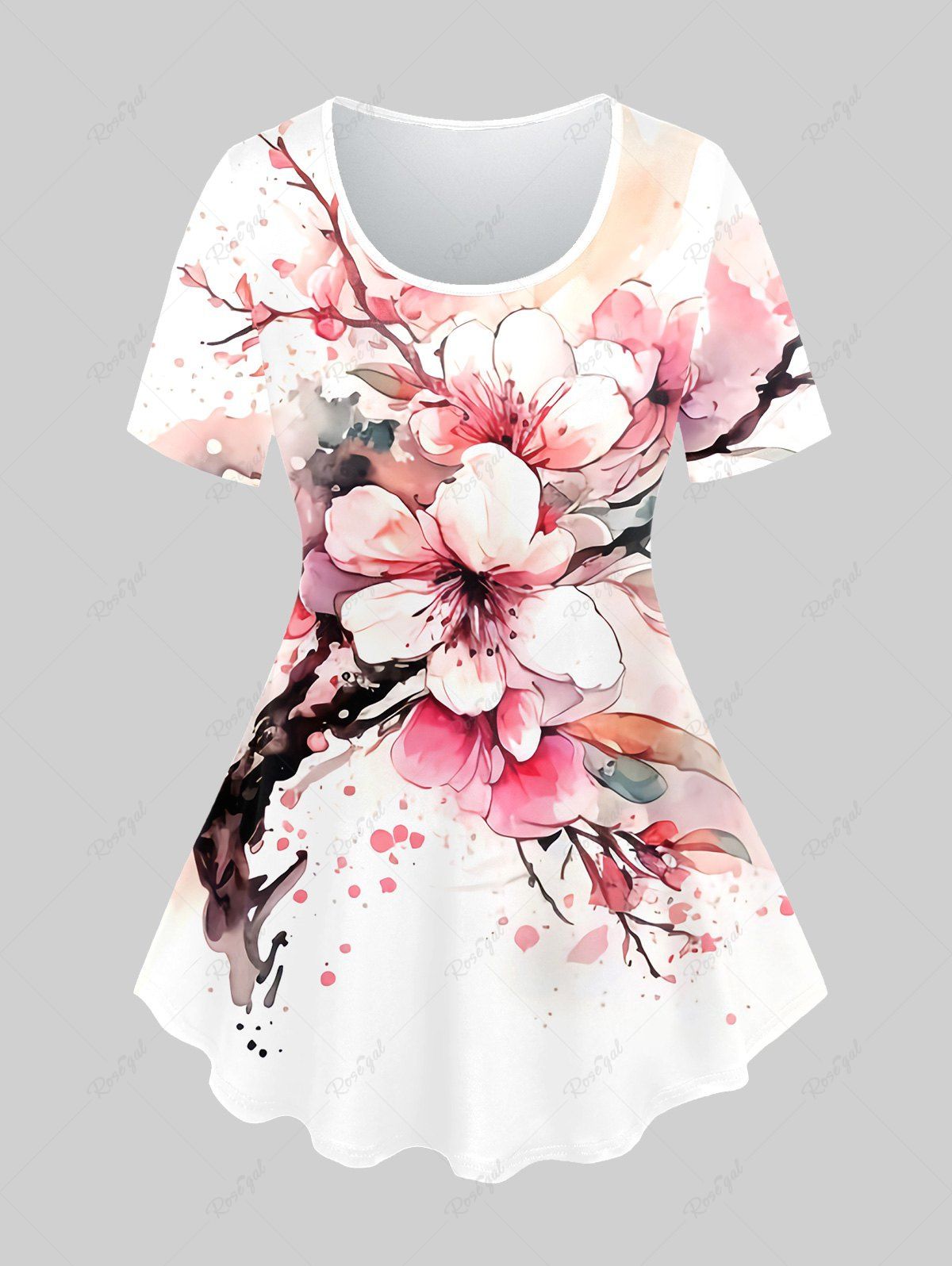 Outfit Plus Size Peach Blossom Leaves Print Short Sleeve T-shirt  