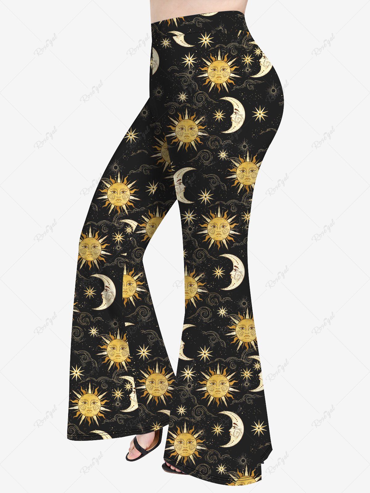 Pantalon Evasé Etoile Lune et Soleil Imprimés de Grande Taille Jaune 2X | US 18-20