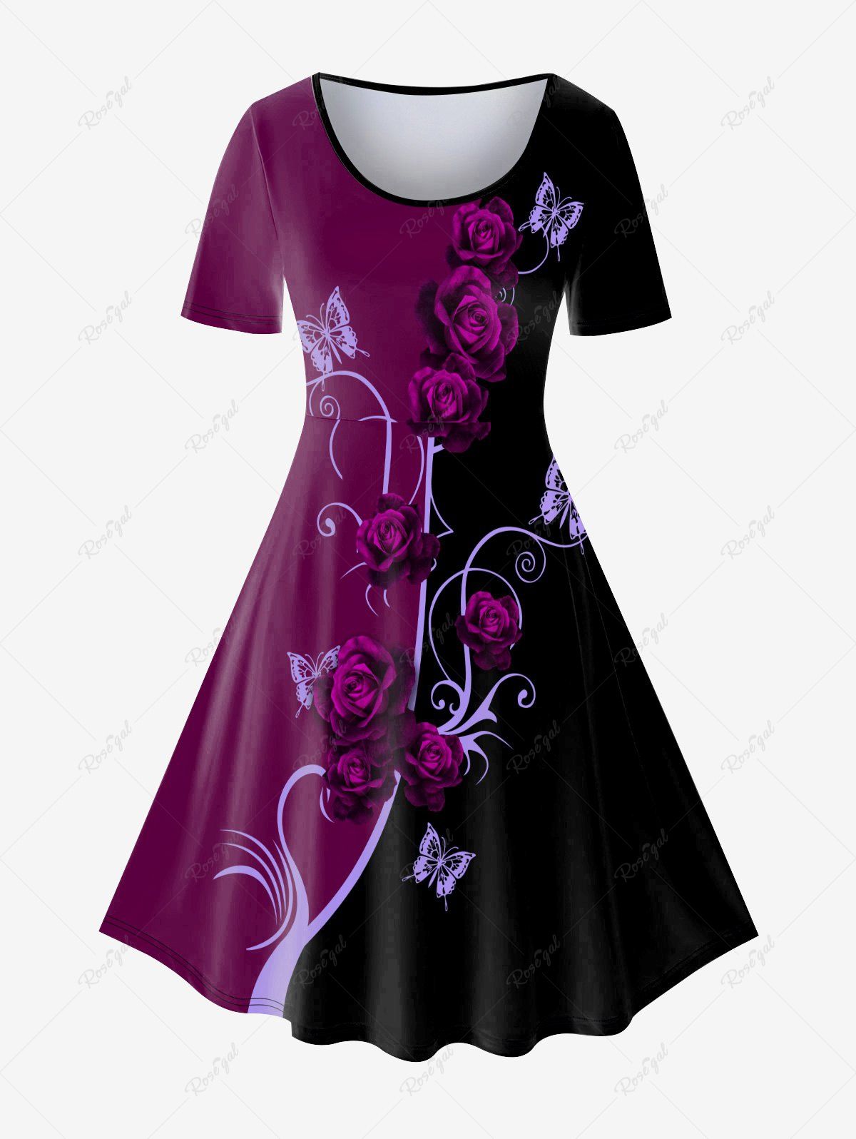 Hot Plus Size Butterfly Flower Colorblock Print Dress  