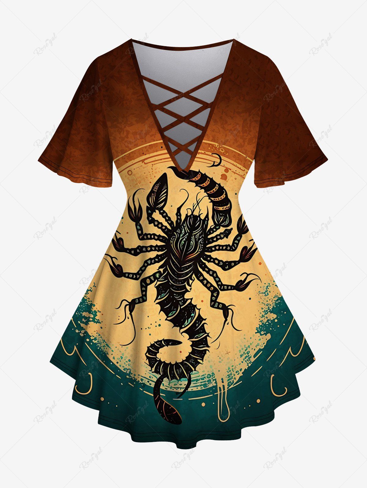 T-shirt Gothique Croisé Scorpion Imprimé en Blocs de Couleurs à Manches Courtes Rouge 5X