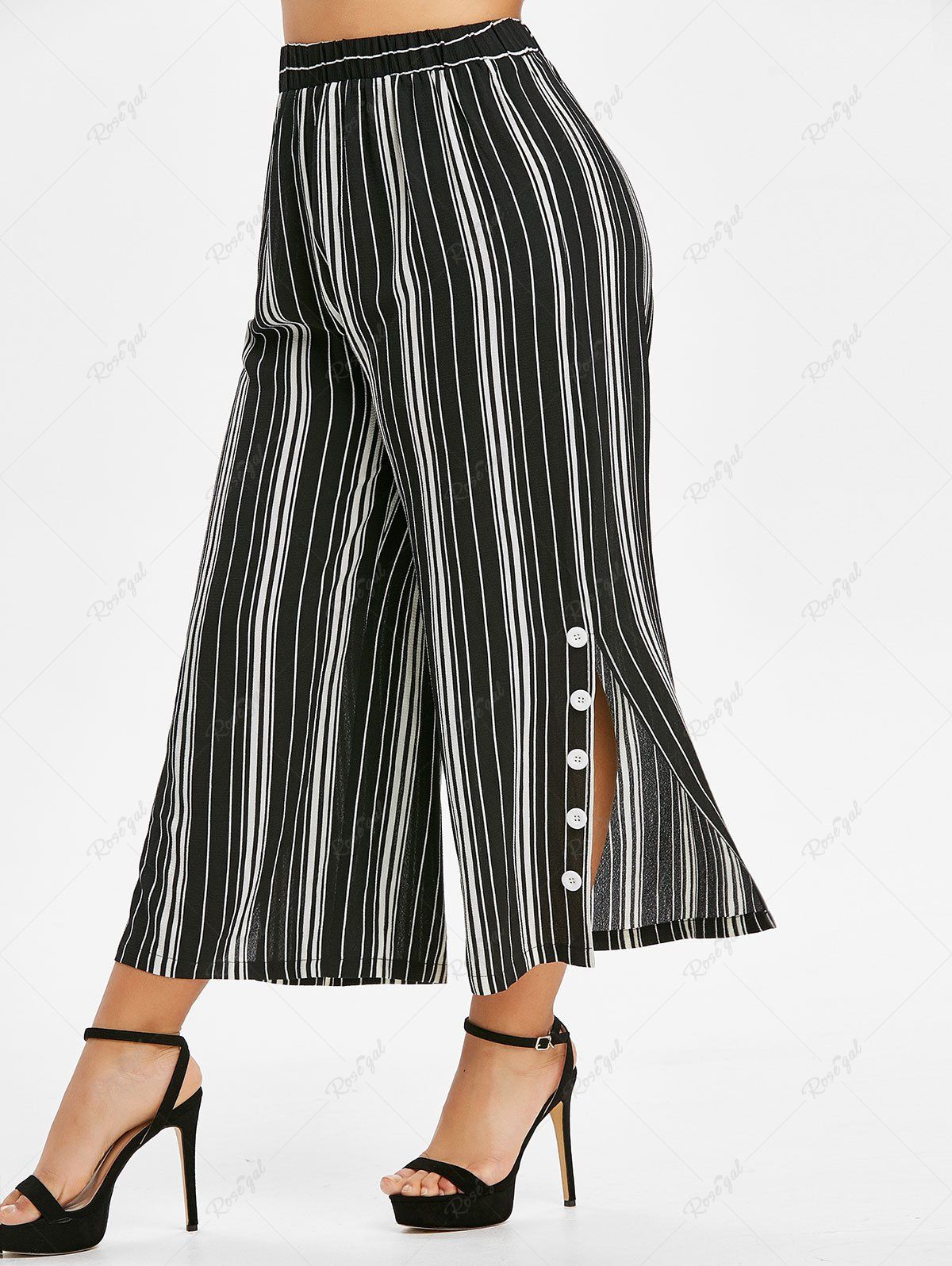 Outfit Plus Size Black White Stripe Print Buttons Split Wide Leg Pants  