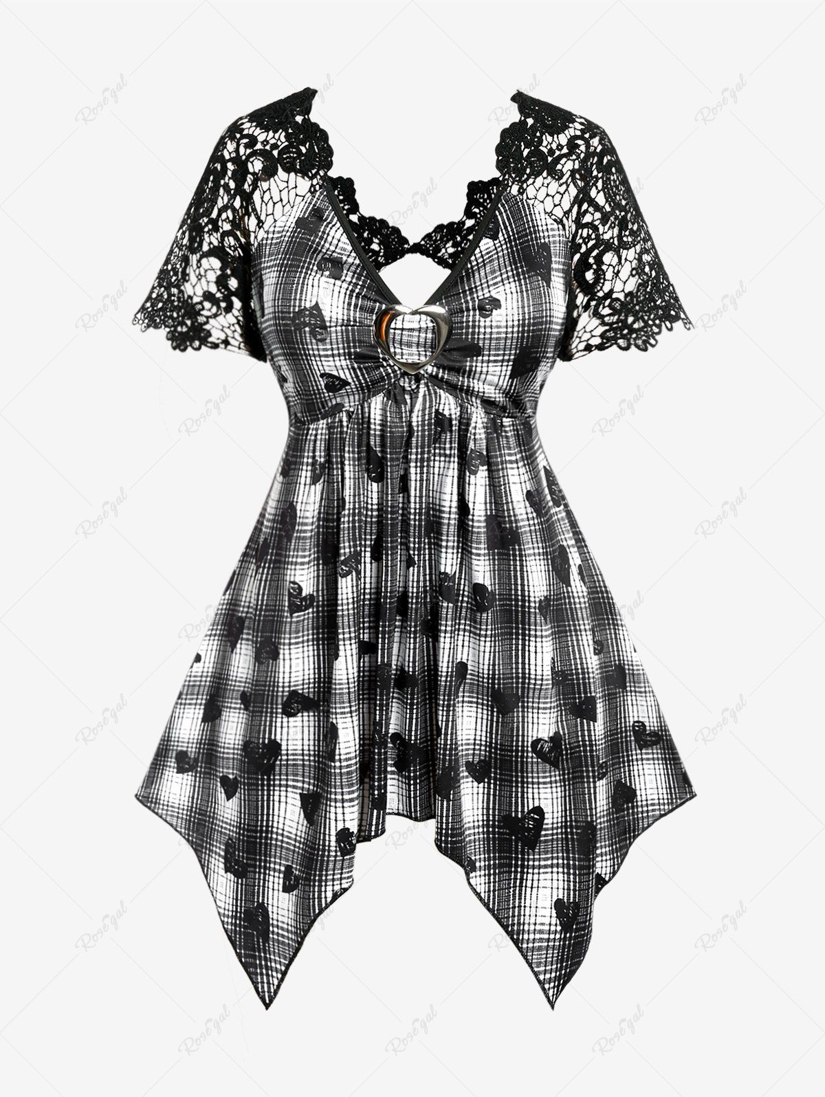 Shop Plus Size Plaid Heart Print Lace Buckle Handkerchief Short Sleeve T-shirt  