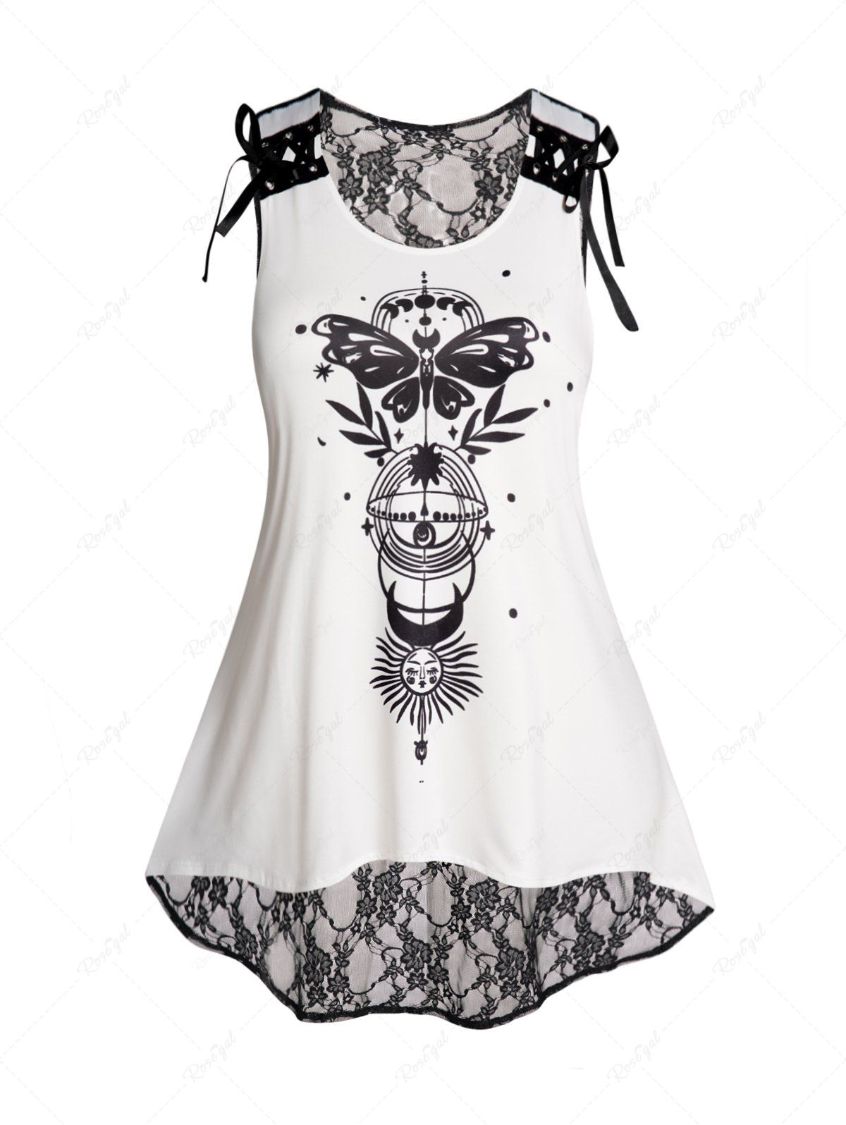Store Plus Size Lace Up Butterfly Sun Moon Leaf Planet Print Lace Panel High Low Hem Tank Top  