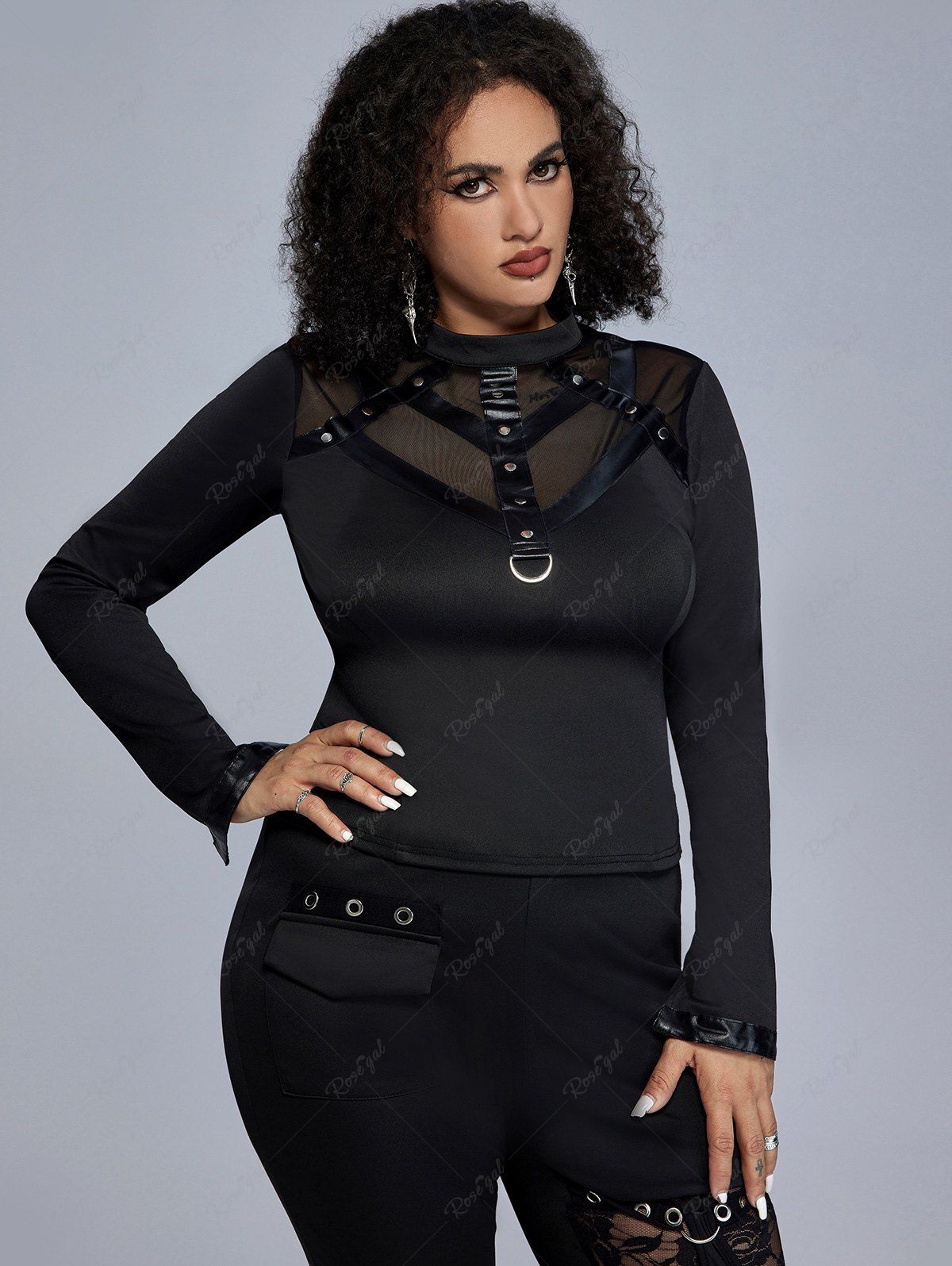 Fancy Gothic Mesh Panel PU Studs D-ring Long Sleeve Top  