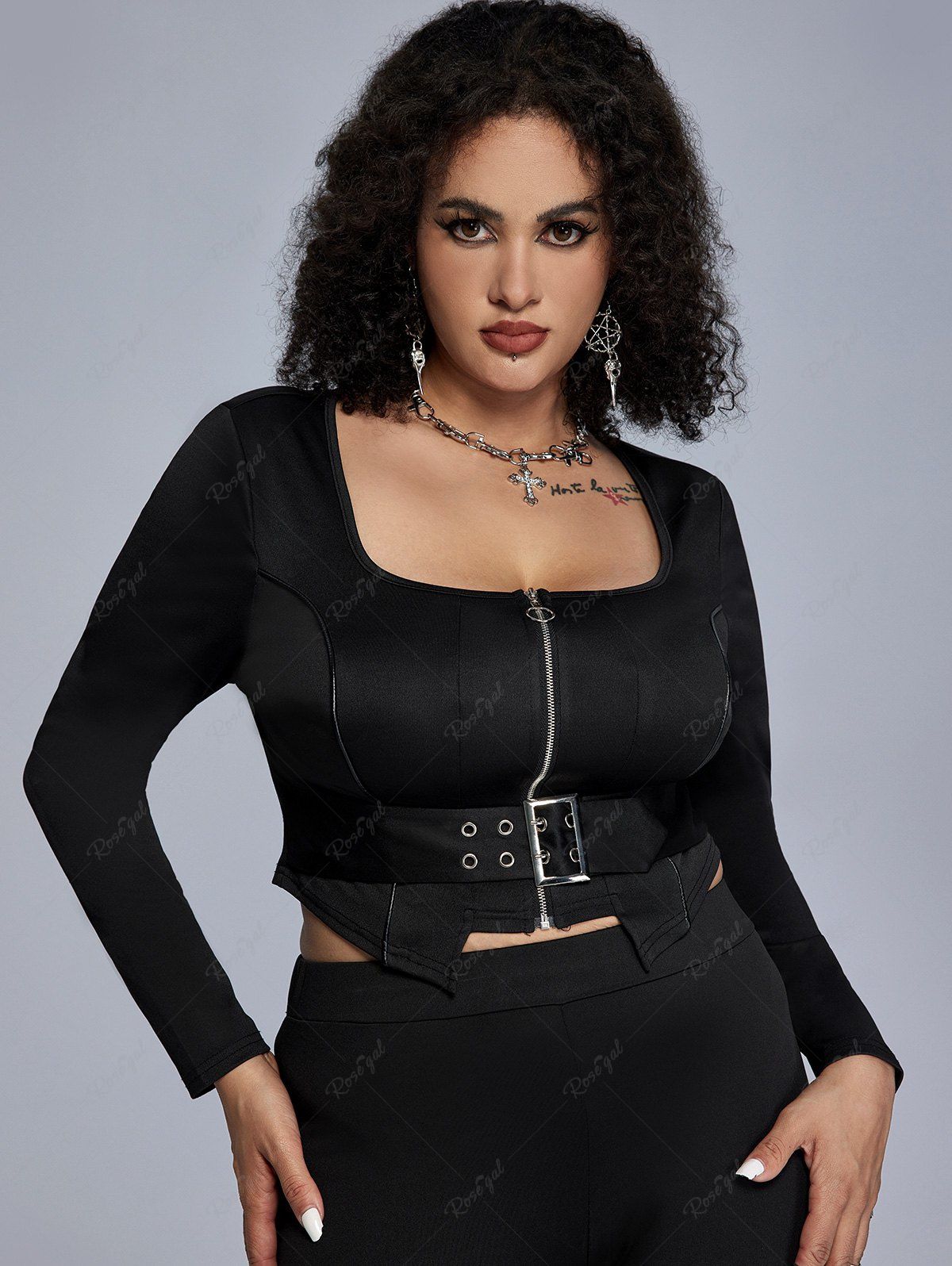 Best Gothic Square Collar Piping Zip Front Buckled Crop Top  