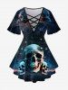 Gothic Skulls Glitter Printed Crisscross Short Sleeve T-Shirt and Flare Pants Outfit -  