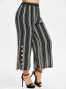 Plus Size Black White Stripe Print Buttons Split Wide Leg Pants -  