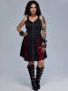 Plus Size Skull Mesh Lace Patchwork Full Zipper Straps Grommet Buckle A Line Tank Dress -  