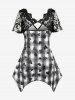 Plus Size Plaid Heart Print Lace Buckle Handkerchief Short Sleeve T-shirt -  