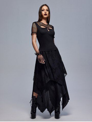 Gothic Fishnet Mesh Panel Cutout Ring Top And Gothic Lace Overlay Layered Handkerchief Hem Midi Skirt  Gothic Outfit