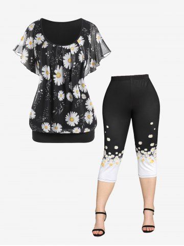 Daisy Mesh Overlay Flutter Sleeves Blouson Tee and Capri Leggings Plus Size Summer Outfit