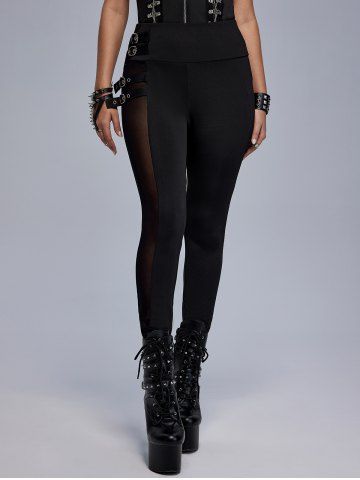 Gothic Sheer Mesh Panel Buckle Grommets Skinny Pants