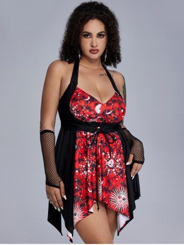 Gothic Halter Sun Moon Print Lace-up Asymmetrical Tankini Top - RED - 4X | US 26-28